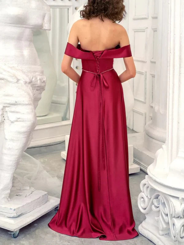 Luolandi A-Line Burgundy Strapless Sleeveless Floor-Length Evening Dress Off Shoulder Sexy
